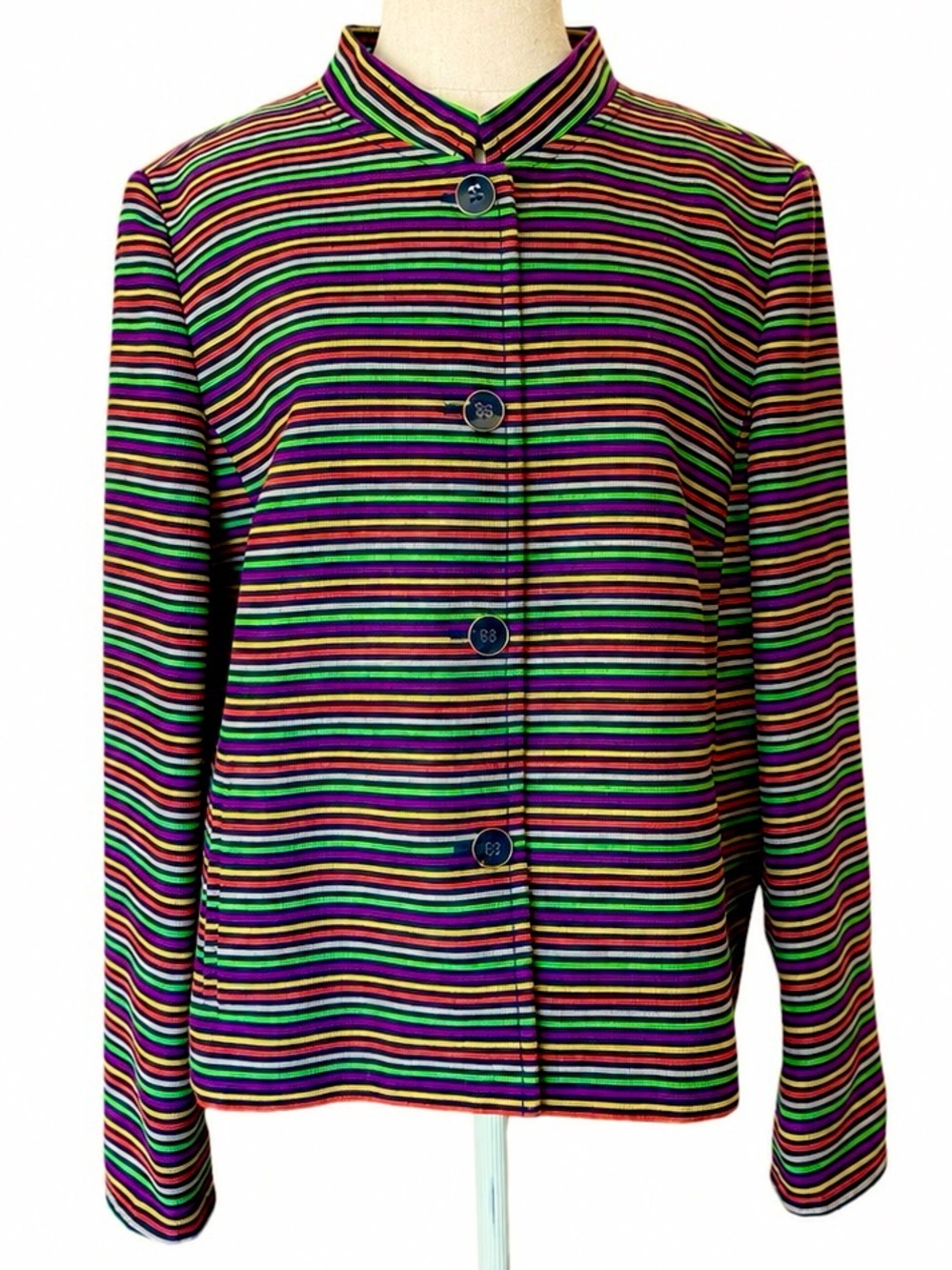 Talbots Rainbow Stripe Mandarin Collar Jacket Blazer Artsy Cotton Women’s 16